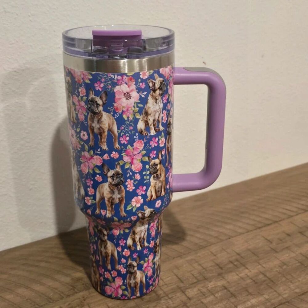 French Bulldog Floral 40 Oz Travel Tumbler Cup Handle Lid Purple Dog Lover